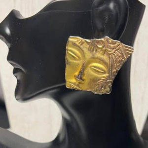 Vintage Asian Geisha Art Deco Style Gold Tone Metal Earrings